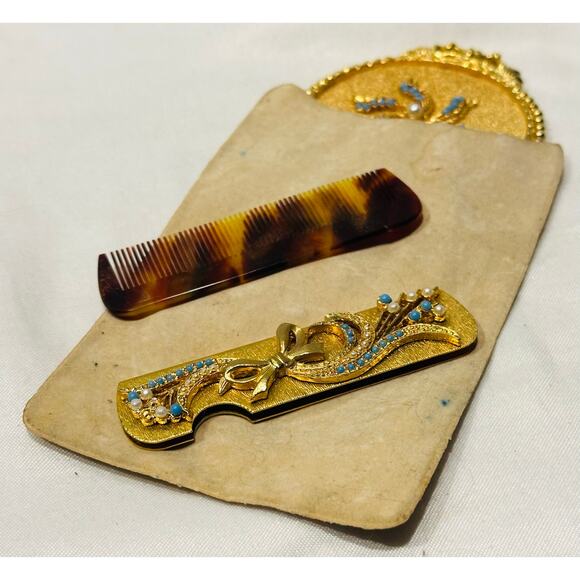 MIRELLA Ornate Gold Plated Hand Mirror and Travel Comb Set vanity set Vtg - Picture 2 of 9
